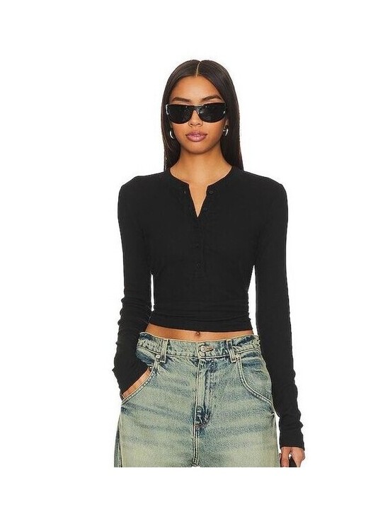 Cotton Citizen Tops - COTTON CITIZEN Verona Henley Shirt in Jet Black